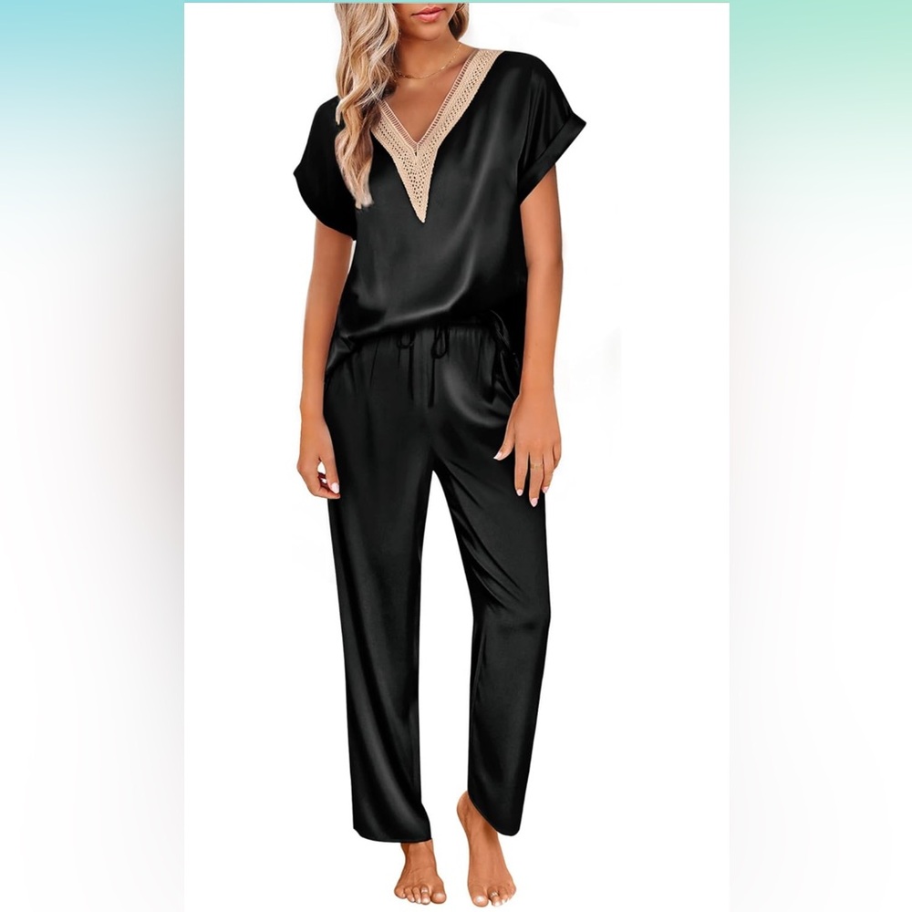 Lace v neck satin pajamas loungewear set